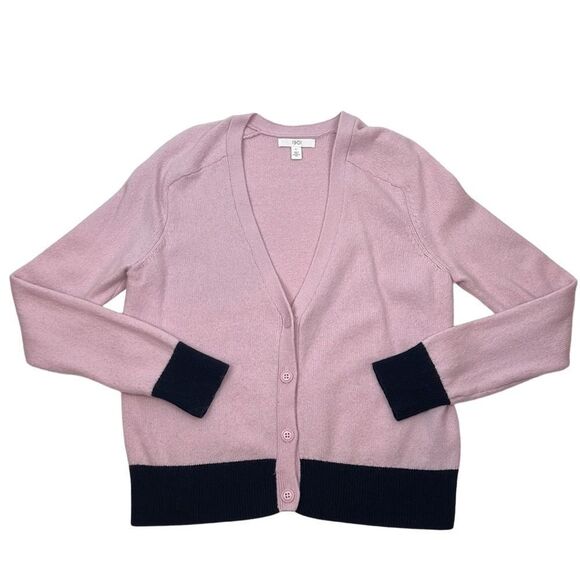 1901 Nordstrom Wool Blend Pink & Navy Button Down Cardigan Womens Size Large - Picture 1 of 12